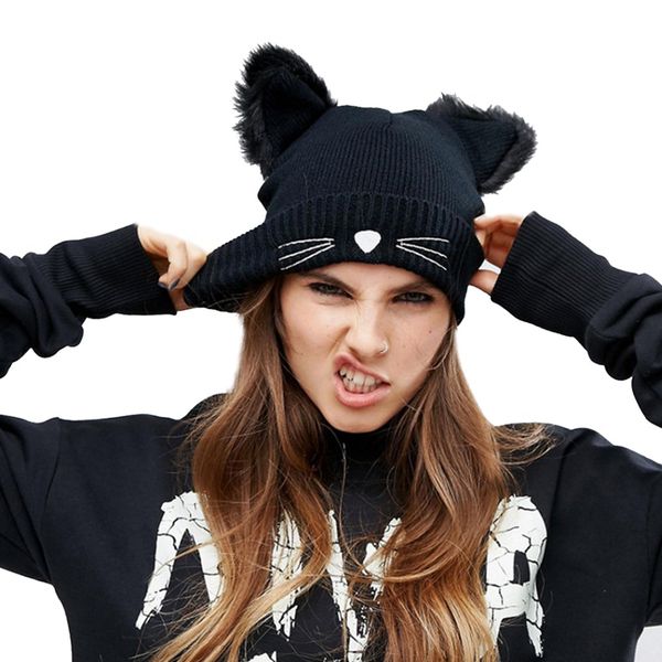

women winter hat harajuku woolen beanie devil horns cat ear crochet braided knitted fur cap noverlty gir snow hats bonnet black, Blue;gray