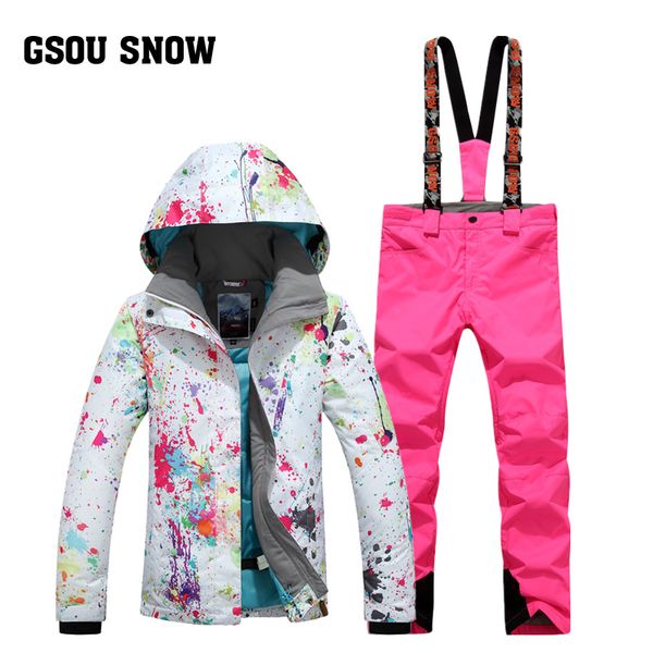 

gsou snow winter women's ski suit super waterproof breathable warm ski jacket+pants for female size xs-l