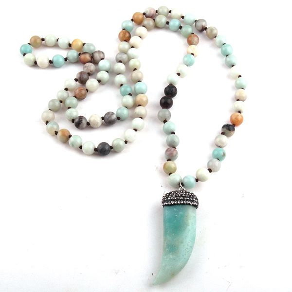 

fashion bohemian tribal jewelry amazonite stones long knotted stone pendant necklaces women ethnic necklace, Silver