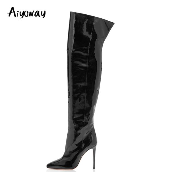 

aiyoway fashion women ladies pointed toe high heel over knee boots black patent leather ankle zip winter thigh high long boots