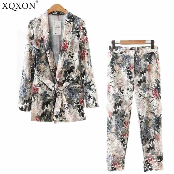 

women's suits 2018 autumn women long sleeve wiped kimono blazer new belt printing coat + casual pants suit two/piece sets, White;black