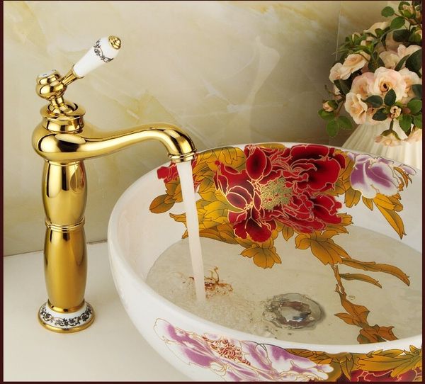 

Basin Faucet Brass Gold Bathroom Sink Faucet Single Handle Ceramics Bath basin Deck Hot Cold Mixer Water Tap Crane