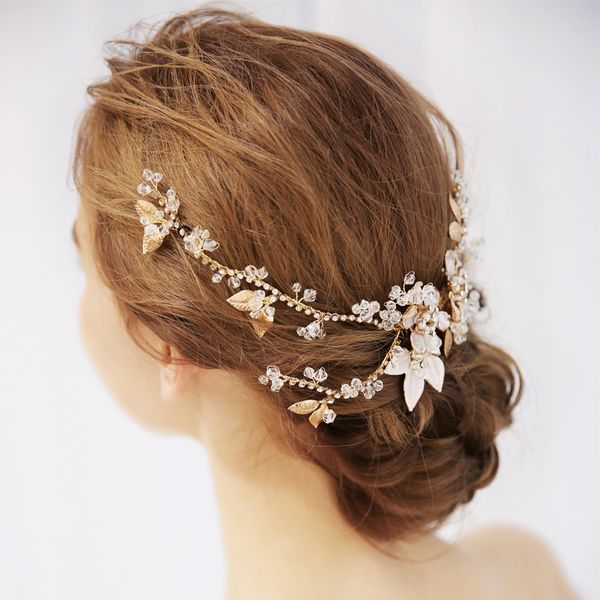 

beautiful flower hair vine gold leaves tiara hair clip wedding accessories bridal headpiece women party ornament, Golden;white
