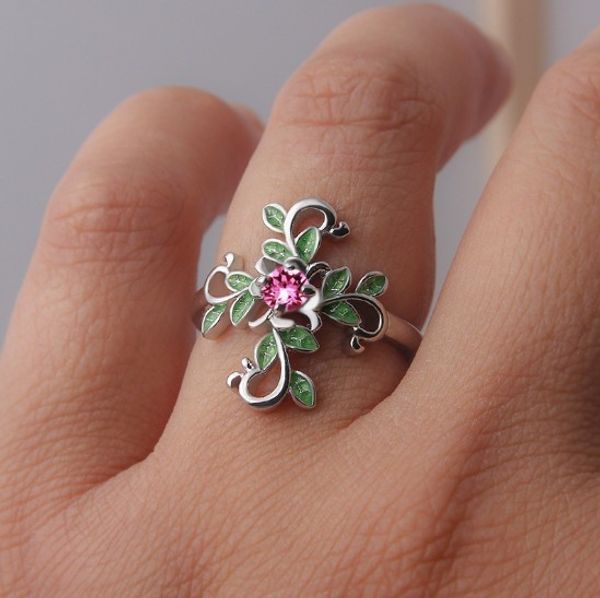 

gerogeous flowers rings for girls & ladies enamel painting band ring flower charm open gold plated cz stone rings, Silver