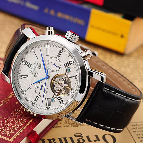 

jaragar complete calendar male watches leather strap erkek saati mechanical wristwatch man reloj hombre, Slivery;brown