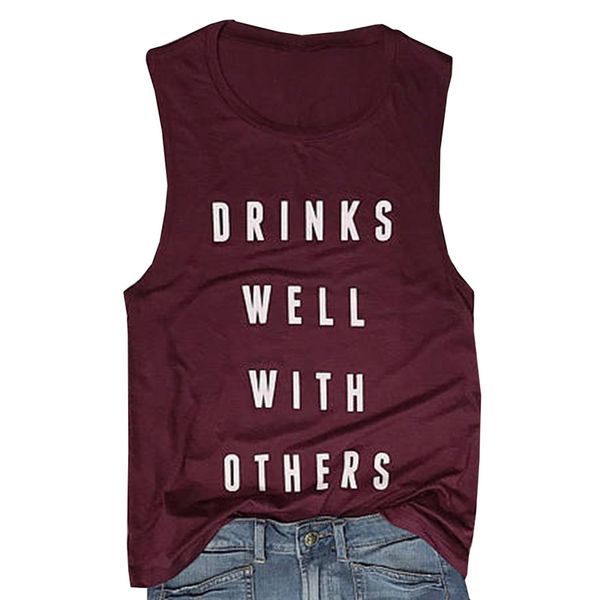 

women casual tees drinks well with others tank dark grey summer casual letter printed sleeveless tank, White