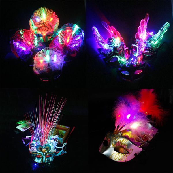 

10pcs/lot 2018 colorful feather led flashing mask women girls butterfly glowing masks masquerade party props christmas new year
