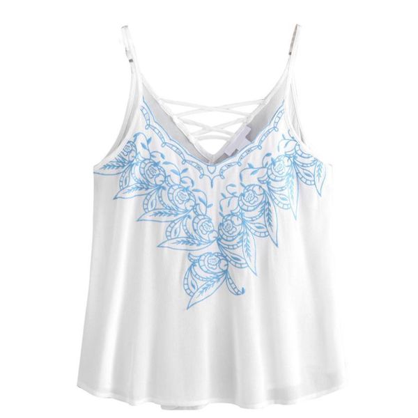 

summer tank 2018 new women backless bandage flower embroidered strappy cami crop regata feminina cropped, White