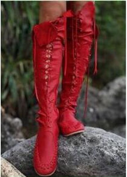 

fashion woman motorcycle boots over the knee zip cross tied ladies shoes round toe fashion spring autumn party shoes red, Black