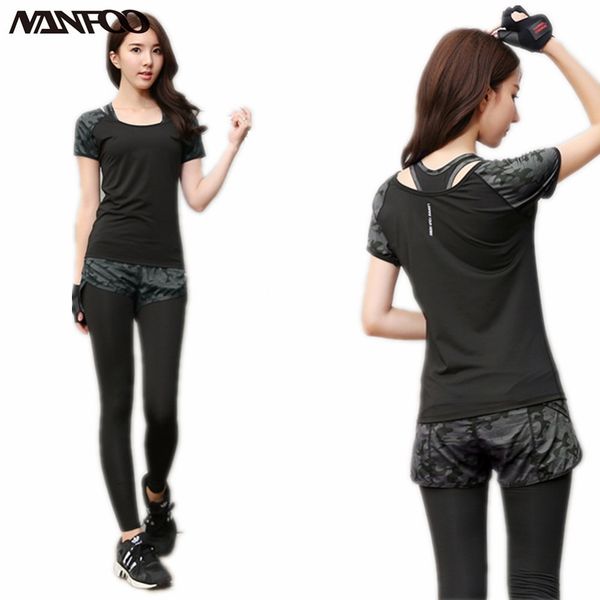 

yoga set women camo tracksuit false two-piece long pant+t-shirt 5d cutting very slim conjuntos deportivos mujer gym fitness, White;red