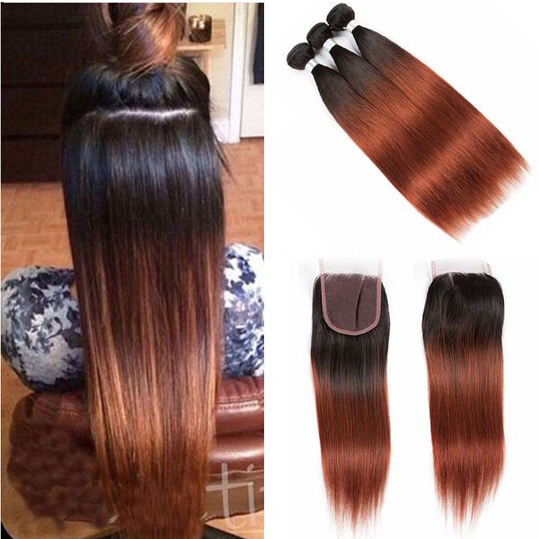 

ombre brazilian straight human hair 3/4 bundles with 4x4 lace closure two tone colored 1b/33 auburn human hair weave with closure, Black;brown