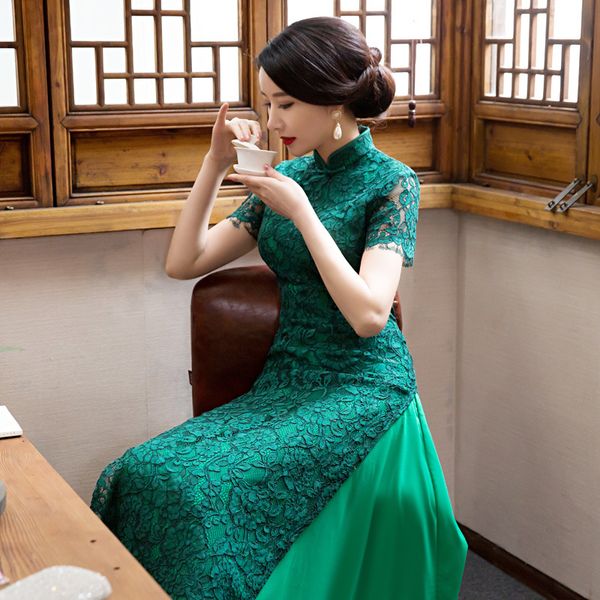 

green lace vietnam aodai slim long qipao chinese style women simple dress new lady mandarin collar novelty cheongsam, Red
