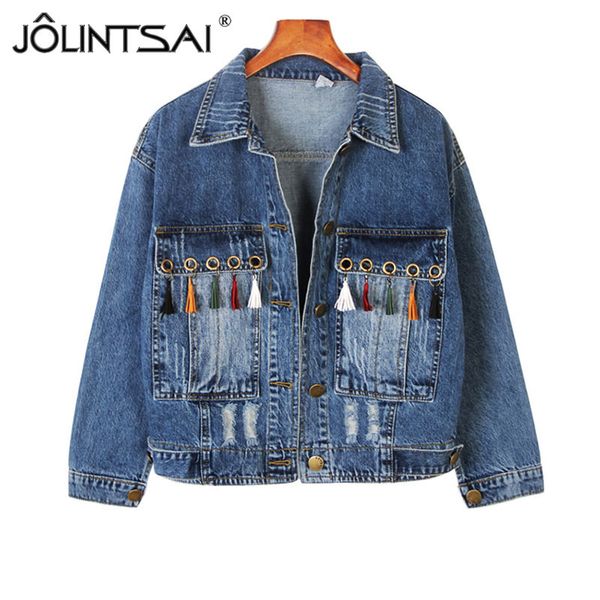 

denim jacket women new fashion coats long sleeve pockets tassel dark blue vintage chic jacket holes washed denim 2017, Black;brown