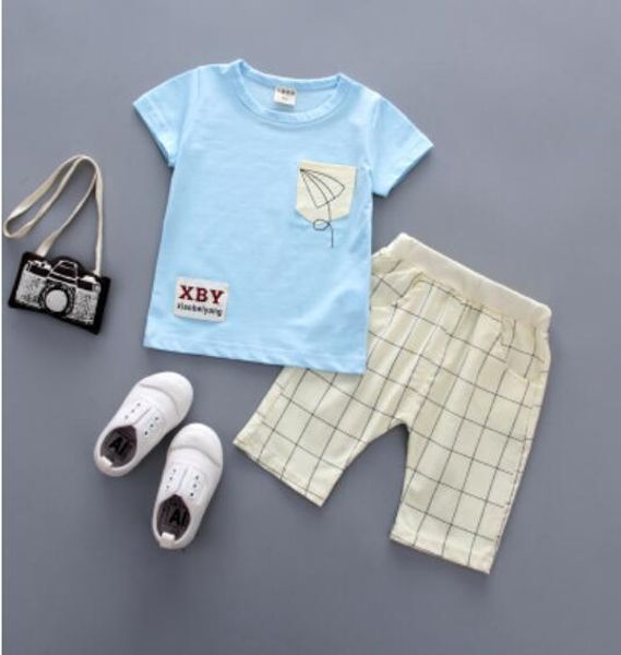 

small or toddler baby clothing sets short sleeve patchword pocket t-shirt+plaid shorts cotton baby fashion 2pcs sets, White