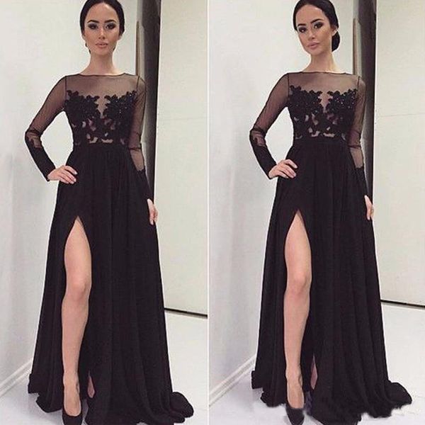 

Sexy Black Side Split Evening Dresses Long Sleeves robes de soiree Dubai elegant evening formal dresses 2018 Prom Dresses