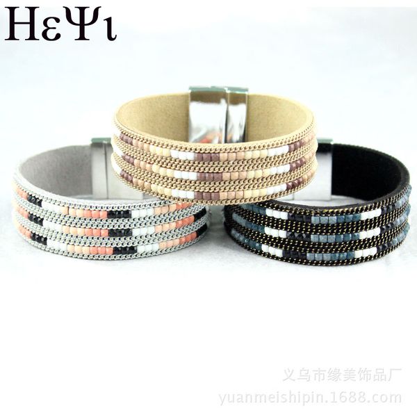 

alloy silver plated gold new handmade production wide female bohemian ethnic style magnet buckle bracelet wholesale, Black