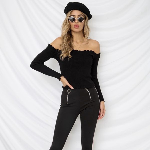 

ruffle elegant pullovers women streetwear jumper slash neck sweater autumn off shoulder black slim knitted sweater, White;black