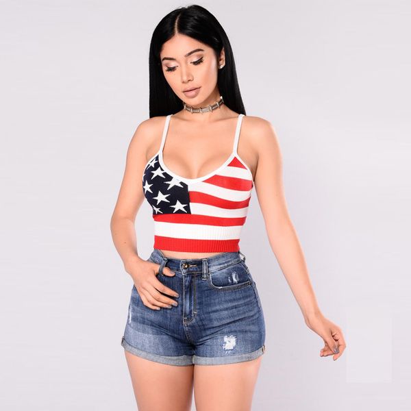

Fashion Summer Women Stripe US Flag Printed Tops Tees Backless Top Tops Crops Sexy Tanks Camis