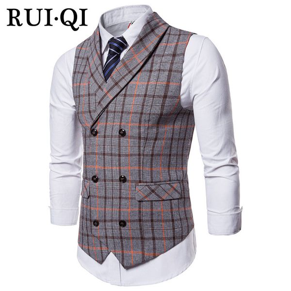 

rui qi casual slim vests retro men cotton double beasted vests fashion sleeveless suit vest plus size 4xl j17039622, Black;white