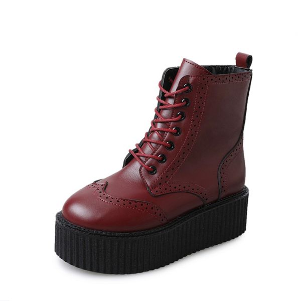 

women leather boots high heels platform ankle boots ladies brogue shoes woman british style lace up black 35-39