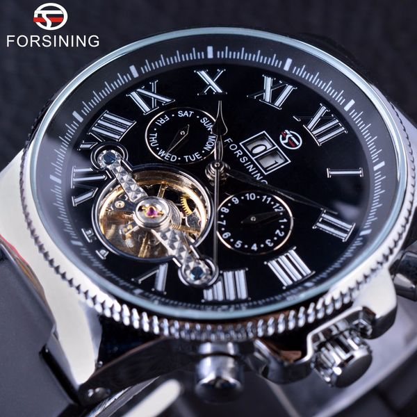 

forsining navigator series tourbillion calendar display black silver clcck men watch male automatic wrist watch, Slivery;brown