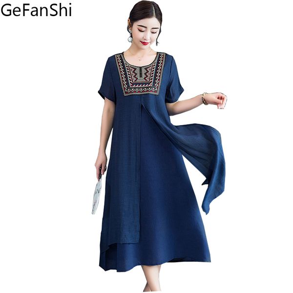 

fashion 2018 new summer women dresses casual fake two piece cotton linen dress loose short sleeve embriodery vintage dress style, White;black
