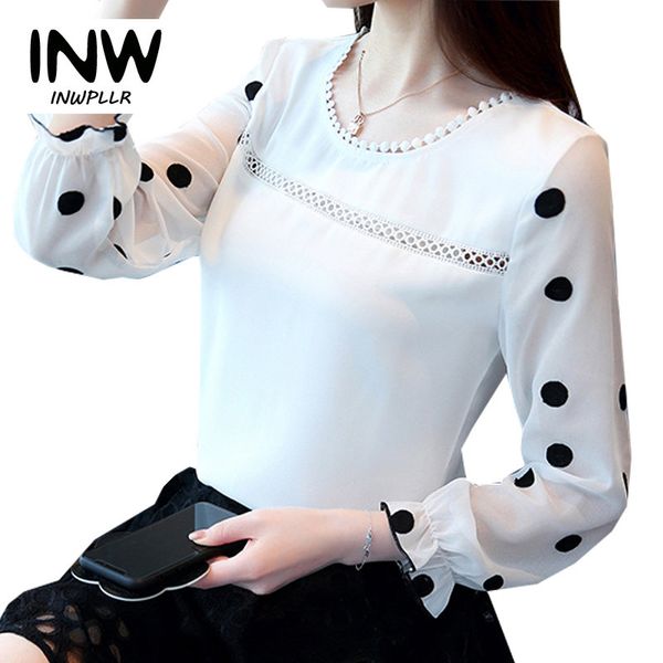 

lace patchwork shirts femme 2019 casual fall polka dot chiffon blouse women elegant o-neck long sleeve blusas mujer mode, White