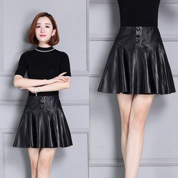 

new fashion slim pleated leather skirt, Black