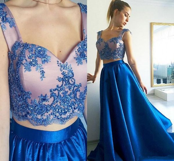 

2 pieces blue prom dresses straps beadings lace satin skirt a line long floor length party gowns fashion custom size, Black