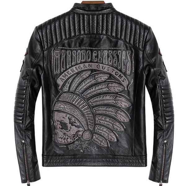 

indian leather jacket motorcycle vintage genuine sheepskin leather coat retro slim rider biker winter brand clothes casual coat, Black