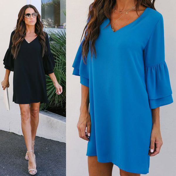 

women's clothing european american dress autumn v-neck stacked sleeve dress skirt, Black;gray