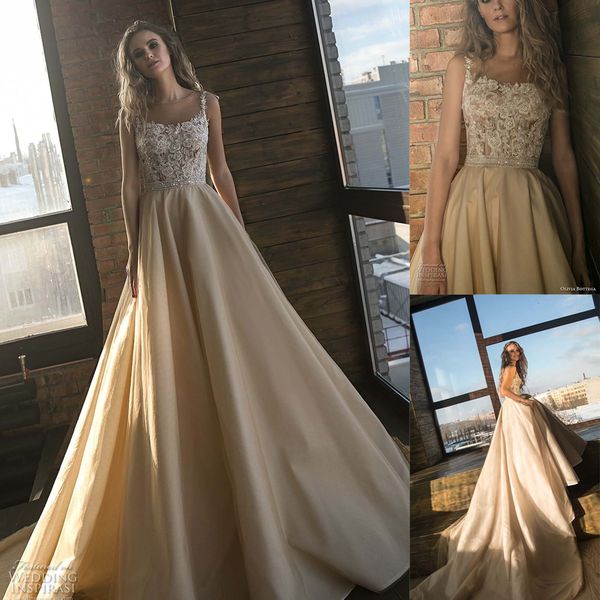 

2018 шампанское свадебные платья линия органзы кружева аппликация лиф с бретельках бисером талии свадебные платья часовня поезд, White