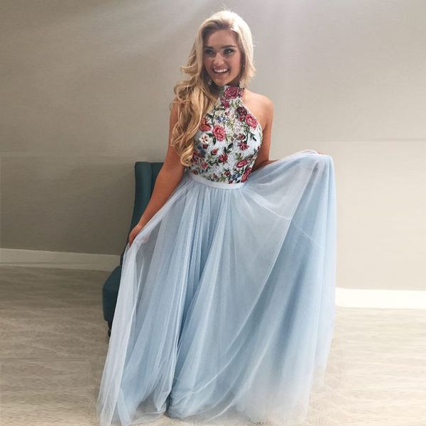 

high neck embroidery prom dresses halter lace tulle white light sky blue floor length backless graduation party dress, Black
