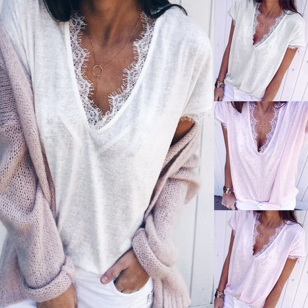 

2019 thefound new womens short sleeve v neck t shirt ladies summer casual, White