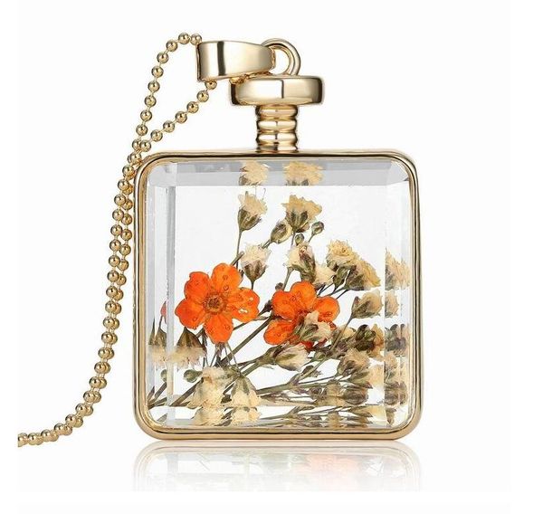 

fashion p glass cabochons necklace herbarium environment- friendly dried flower true flower locket glass square pendant necklace, Silver