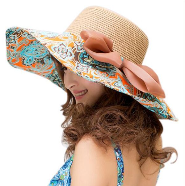

women's large brim sun hats straw and cotton clothes patchwork sun hat for summer foldable with bowknot floppy sun hats with drawstring, Blue;gray