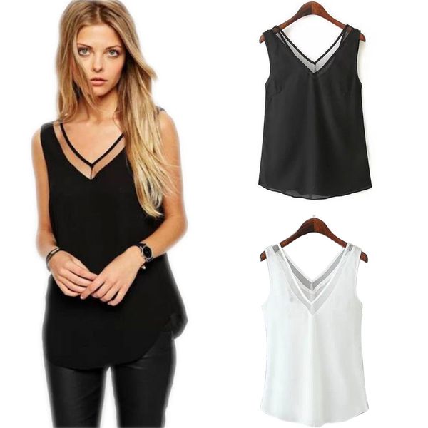 

women clothing summer new tank sleeveless tees casual chiffon backless thin loose v neck tanks, White