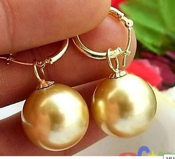 

huge 16mm gold round south sea shell pearl dangle earring 14k gp, Golden