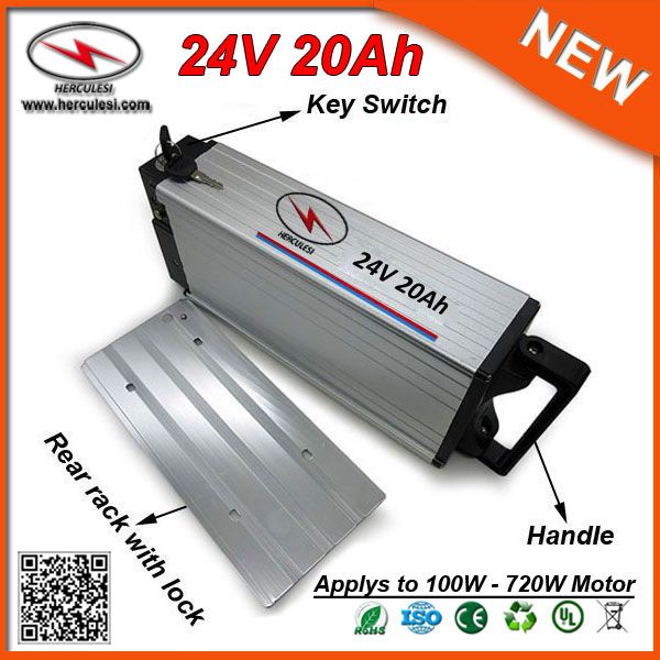 Bateria de Bicicleta Elétrica com invólucro de alumínio 24 V 20Ah 500 W Bateria Traseira usado 3.7 V 18650 célula 30A BMS + 2A carregador FRETE GRÁTIS