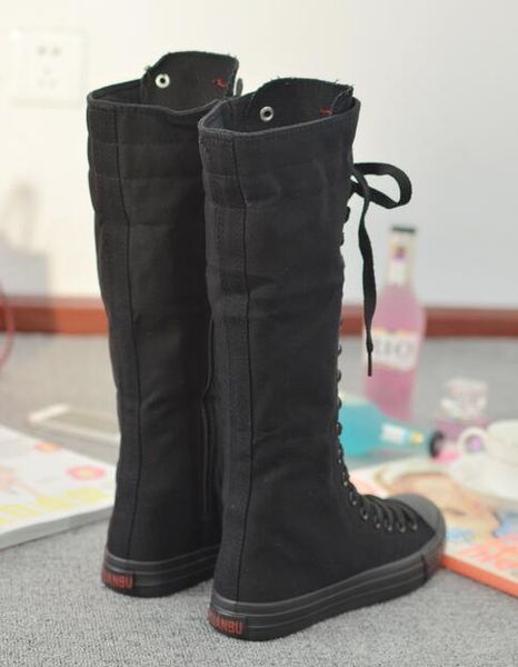 

gothic emo punk women girl shoes canvas flat tall boots zip knee high sneaker7373968, Black