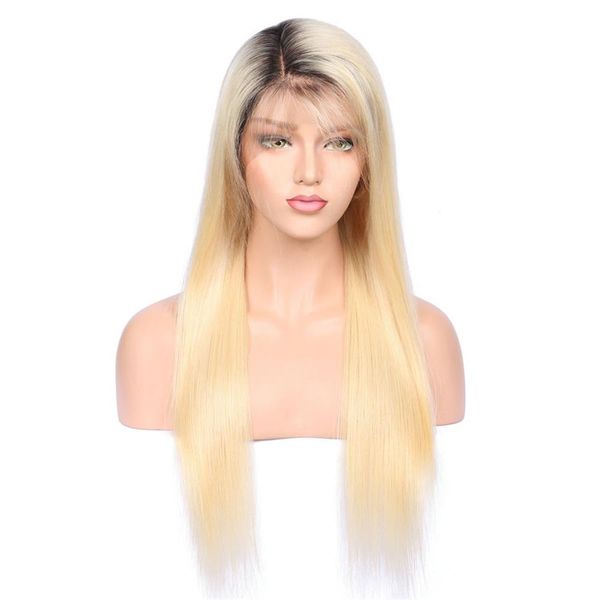 1bT#613 Leimlose Vollspitze-Echthaarperücke mit vorgezupftem Babyhaar, 150 Dichte, brasilianisches Remy-Haar, Ombre-Blonde-Echthaarperücken