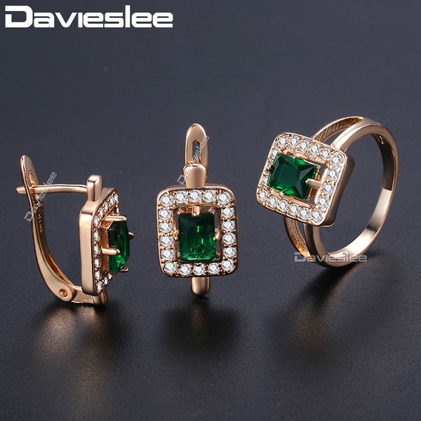 

davieslee square green stone stud earring ring set for women 585 rose gold filled paved clear cubic zirconia jewelry sets dge141, Silver