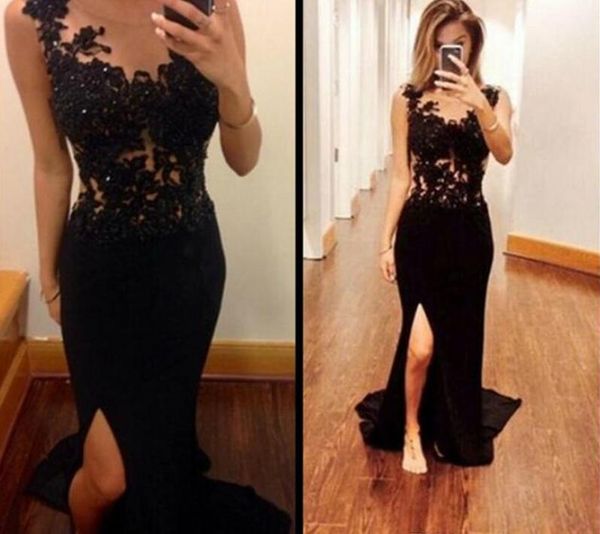 

сексуальный черный русалка вечернее платье боковой щели sheer кружева аппликации пром платья 2016 из бисера вечернее платье халат де вечер, Black