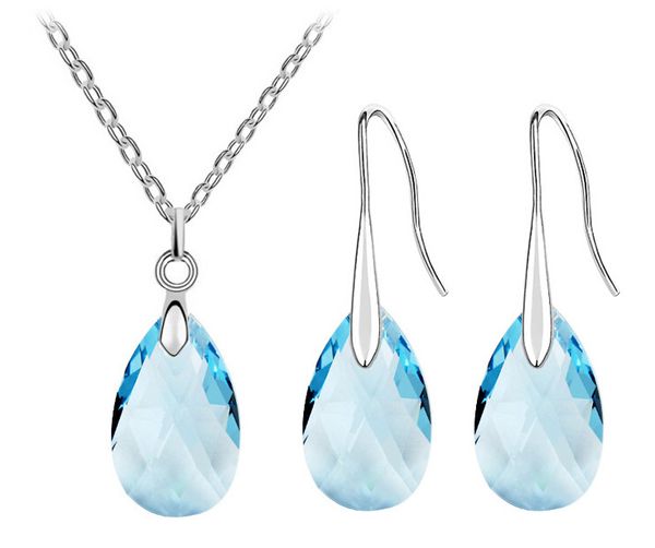 

wedding party summer beach brand bridal austrian crystal tear drop pendant necklace earrings fashion jewelry sets, Silver
