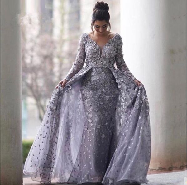 

gray muslim evening dresses 2018 mermaid v-neck long sleeves tulle lace islamic dubai saudi arabic long formal evening gown, Black;red