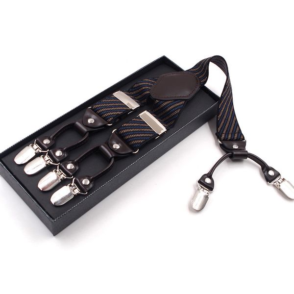 

2018 man's suspenders leather 6 clips stripe braces fashion suspensorio adjustable belt strap tirantes with box 3.5*125cm, Black;white
