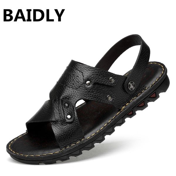 

baidly summer mens sandals fashion male real leather sandals luxury men genuine leather summer beach shoes, Black
