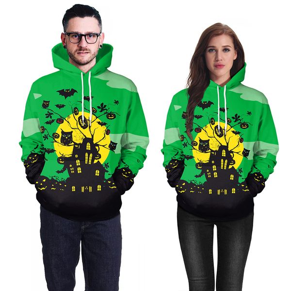

women halloween horror owl 3d printed sweatshirts with hat long sleeve punk chic hoodies for female, Black