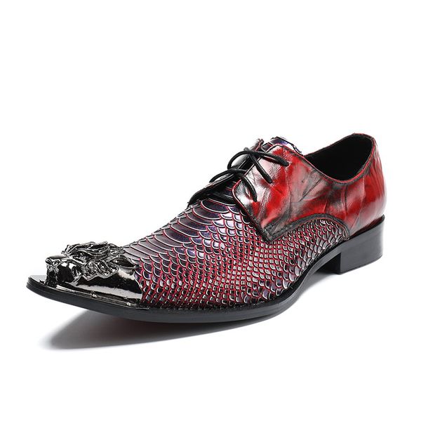 

designer luxury men red dress shoes fashion pointed toe python snake pattern leisure leather shoes lace up metal toe 38-46, Black