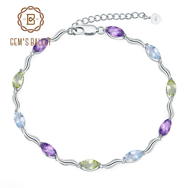 

gem's ballet sky blue z peridot amethyst mix gemstone chain link bracelet pure 925 sterling silver fashion jewelry for women, Golden;silver